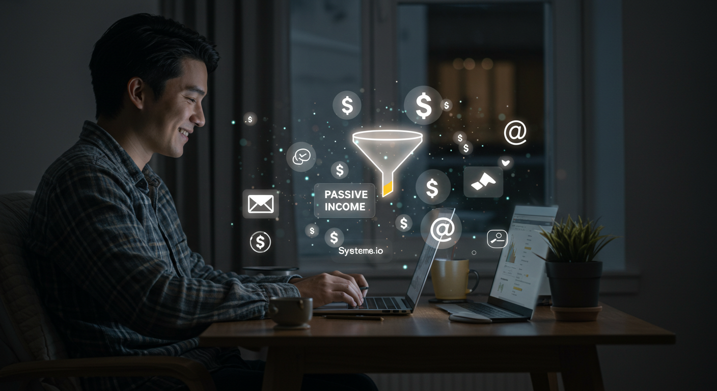 Illustration of a person working on a laptop in a cozy home office, with floating icons of money, funnels, and emails representing passive income using Systeme.io