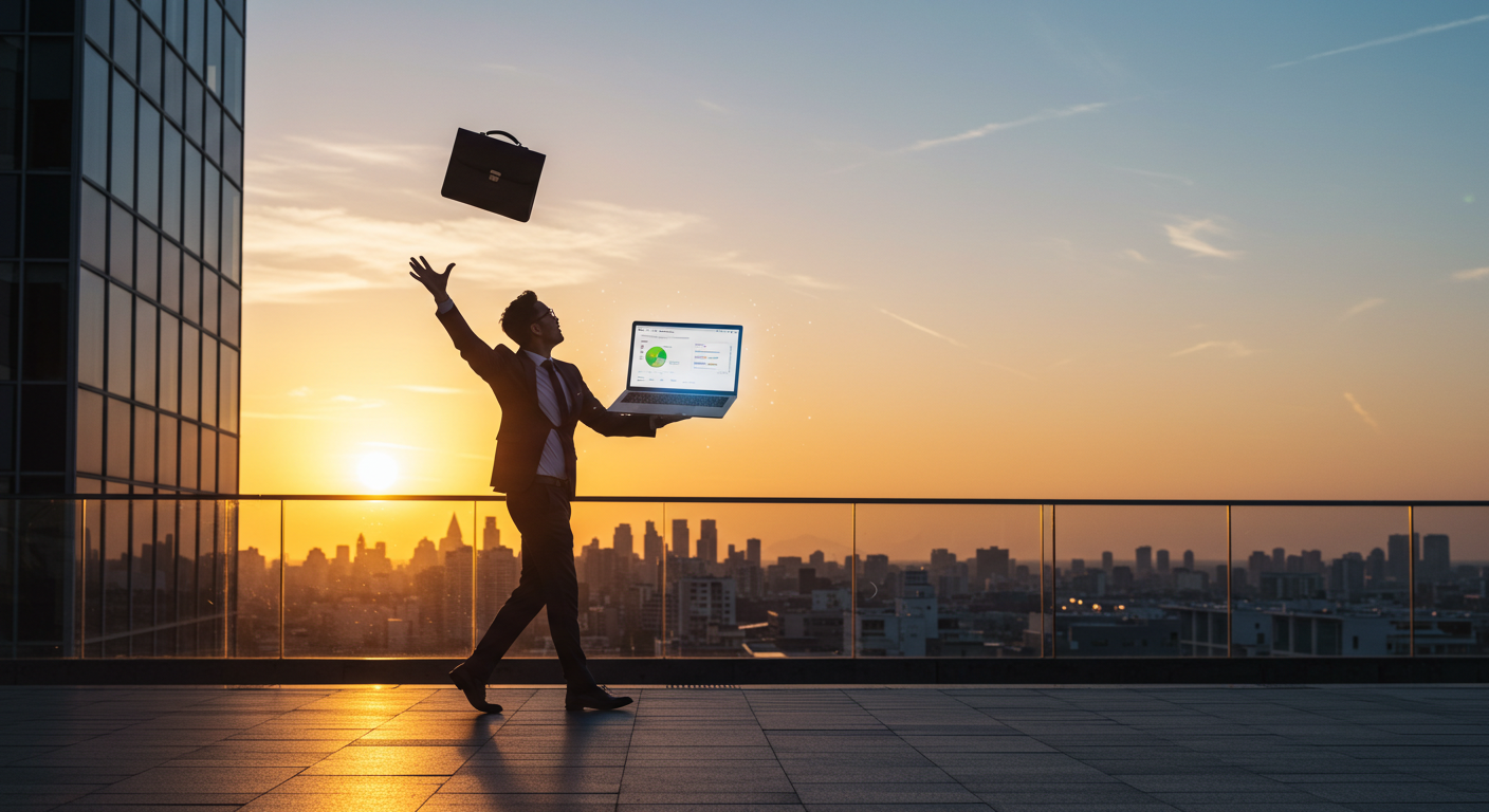 Person celebrating freedom outside office building after quitting 9-5 job, laptop in hand, sunrise background, symbolizing success with Systeme.io