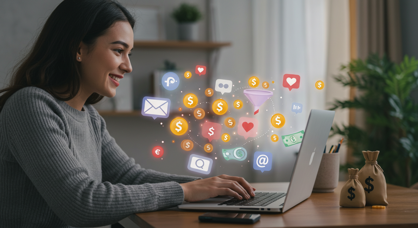 Person working on a laptop with a heart icon transforming into dollar signs, surrounded by creative tools and online income symbols, representing passion turned into profit using Systeme.io