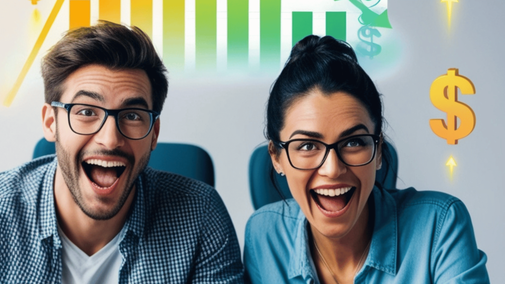 Entrepreneur using Systeme.io to boost online income fast, laptop with upward trending charts, dollar signs, and excited expression, vibrant and motivational atmosphere